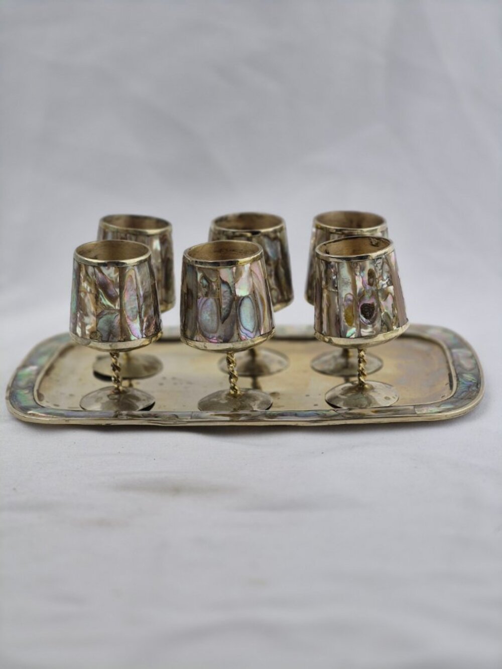 Vintage Taxco Mexican Abalone & Alpaca Silver Cordial Set 6 Shot Glasses & Tray